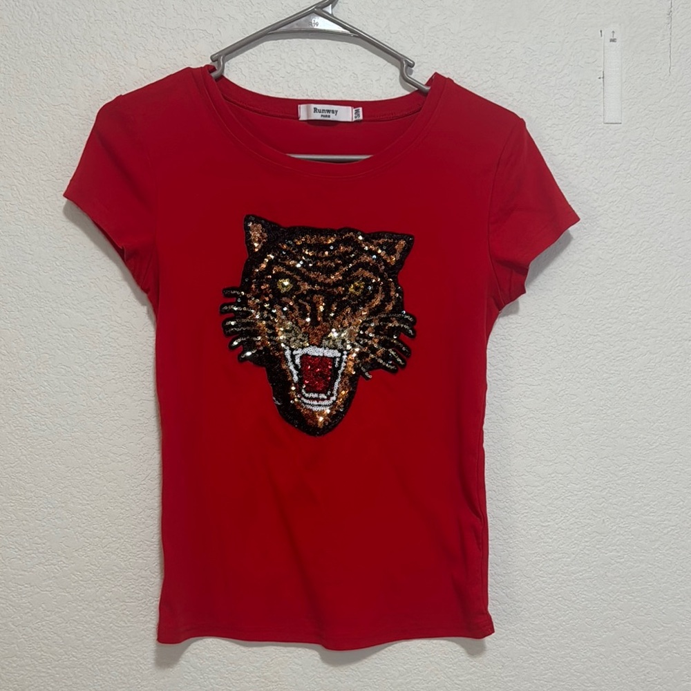Red T-Shirt with Sequin Tiger Design
